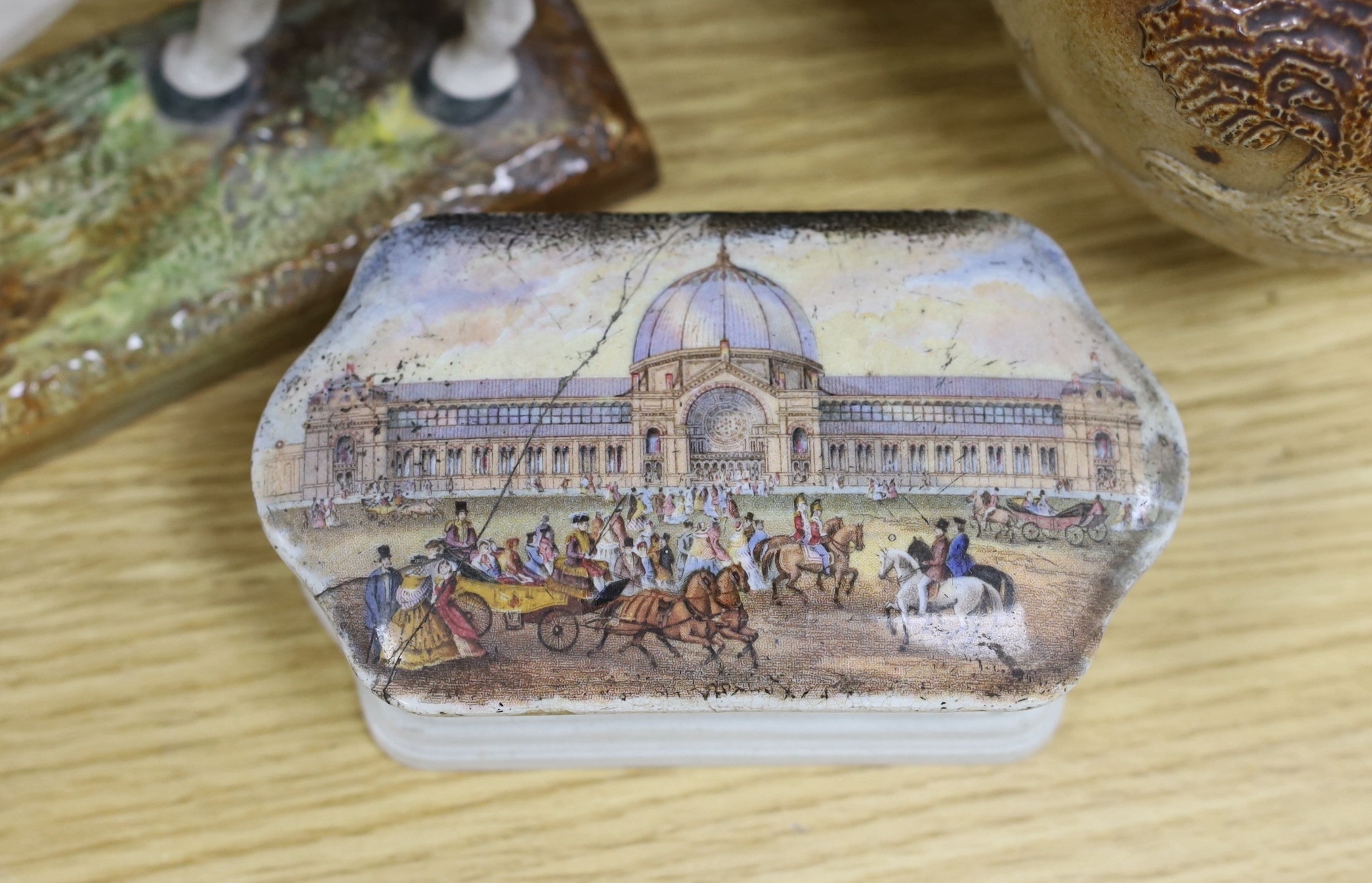 A Royal Doulton figure of a grey horse, HN2538, two stoneware jugs and a similar mug and a pot lid and base, horse 23cms high